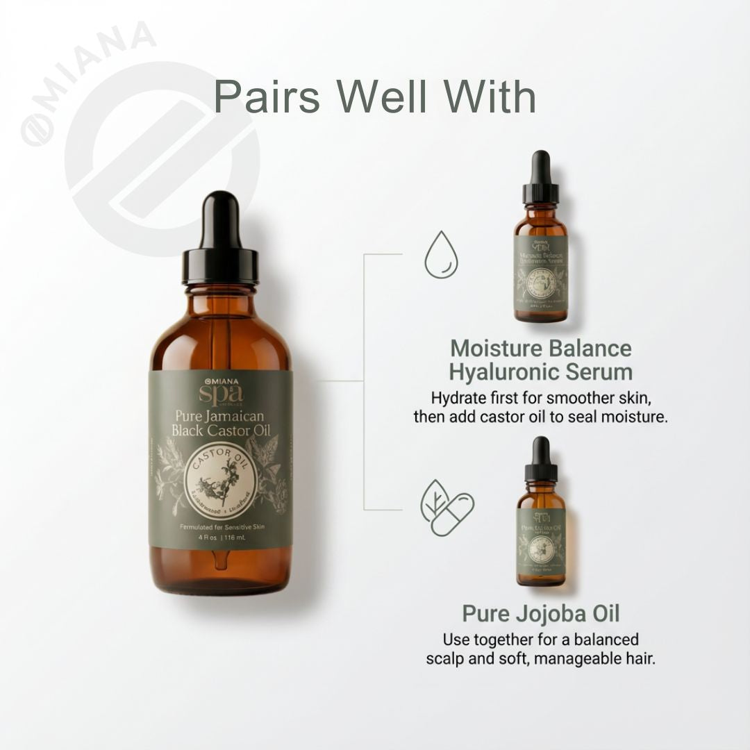 Three bottles of Omiana spa skincare products with labels on a white background explaining how the Black Jamaican Castor Oil pairs well with Moisture Balance Hyaluronic Serum and Pure Jojoba Oil.