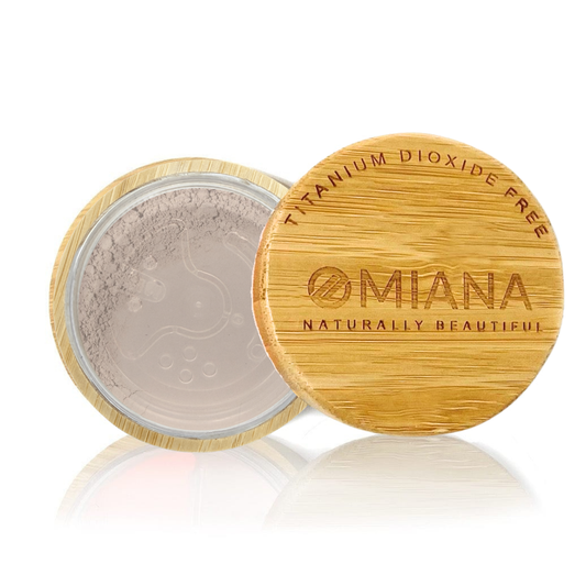 Omiana titanium Dioxide-free mineral  powder makeup with a bamboo lid on a white background
