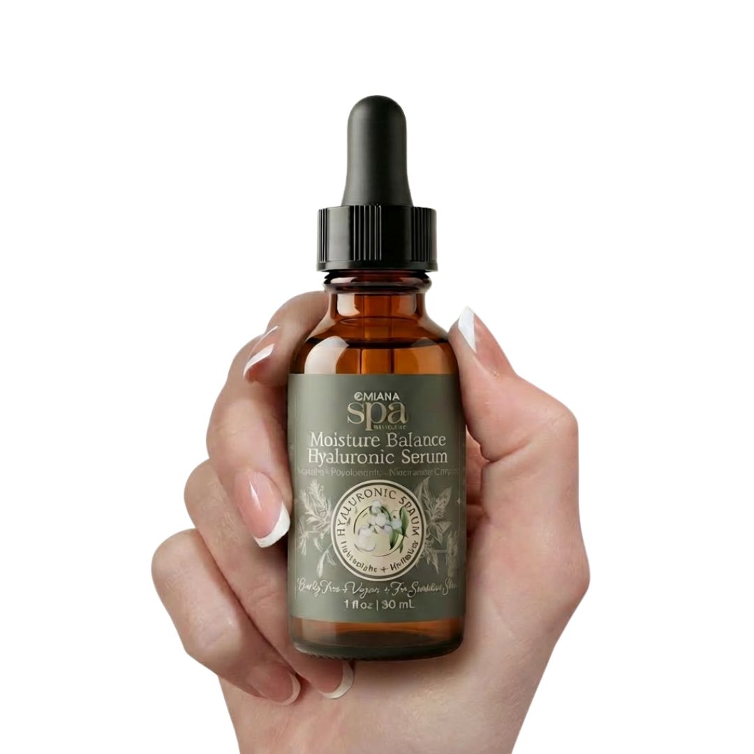 Hand holding a brown glass bottle of 'Moisture Balance Hyaluronic Serum' by Omiana Spa on a white background
