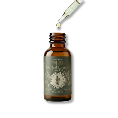 Bottle of Botanical Rosemary Hair Oil with dropper on a white background