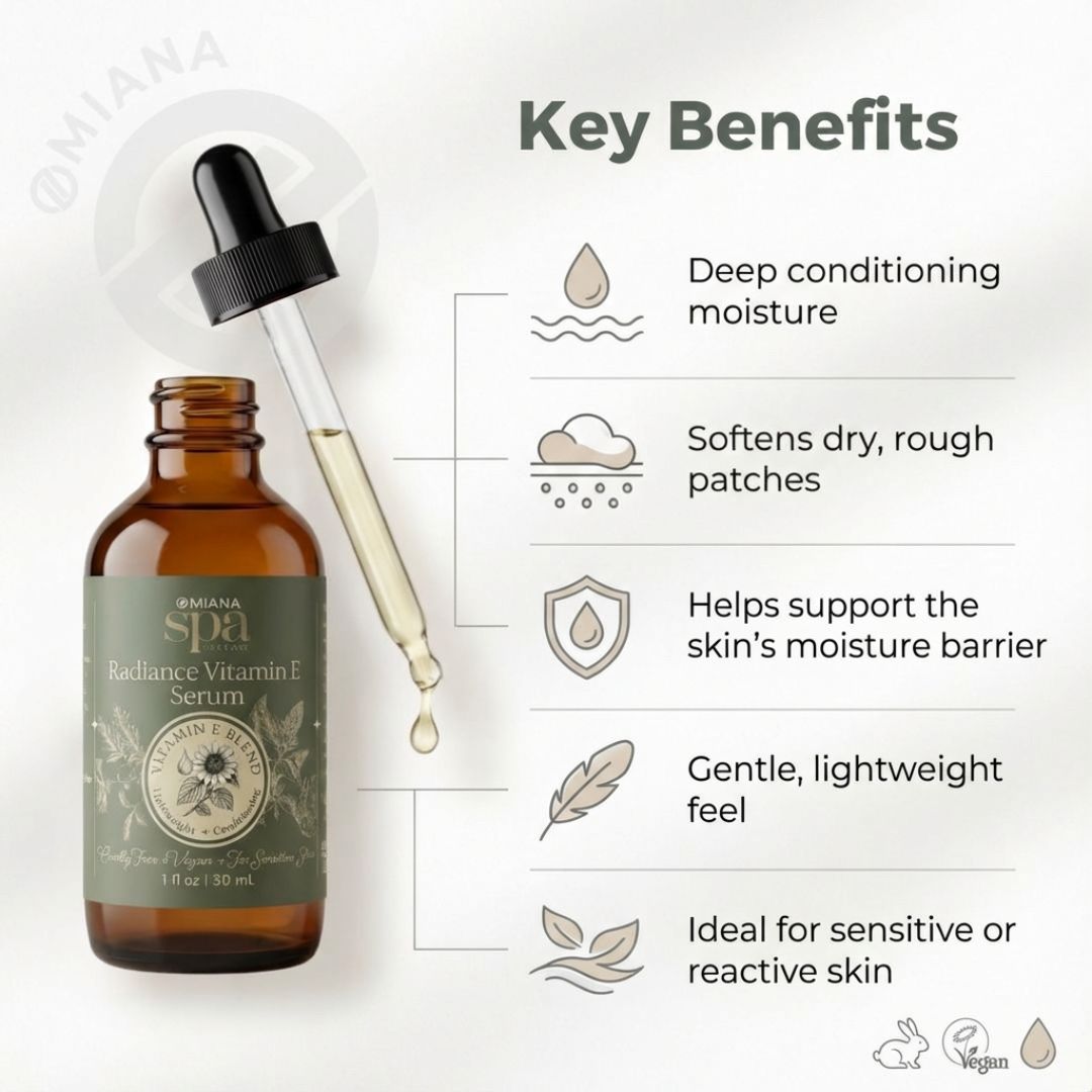 Omiana Spa Radiance Vitamin E Serum bottle with dropper and key benefits listed on a white background