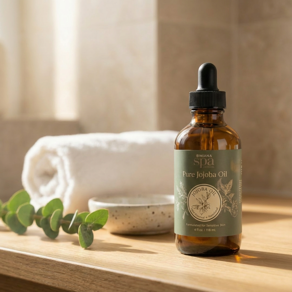 Bottle of pure jojoba oil on a wooden surface with a towel and eucalyptus leaves in the background.